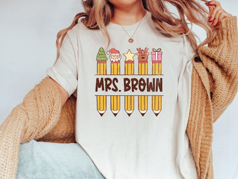 Christmas Teacher Pencil Name Tees